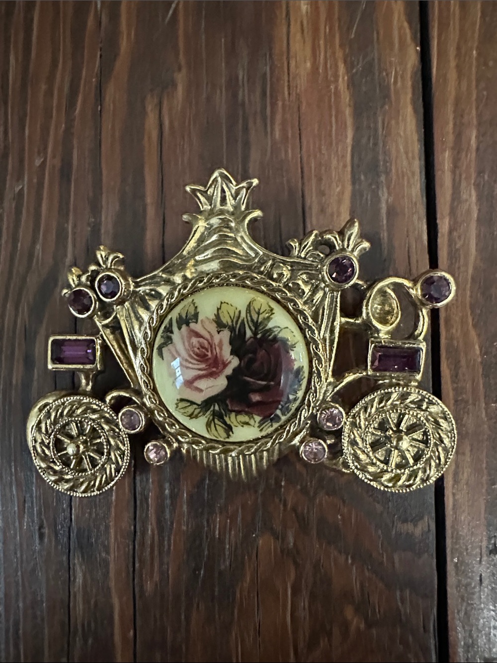 1928 Carriage Gold-Tone Floral Cabochon Brooch with Pink Accents